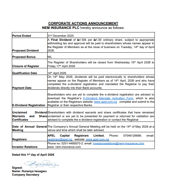 StockmanNigeria's tweet image. #NEM Insurance Plc Declares ₦1.50 Final #Dividend for FY