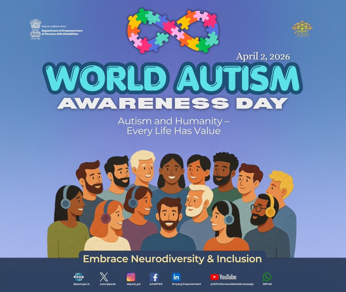socialpwds's tweet photo. Autism is not a limitation—it’s a different way of experiencing the world.
Let’s move beyond awareness and build a society rooted in acceptance, inclusion, and respect.

✨ Every individual on the autism spectrum has unique strengths and talents
✨ Inclusion begins with understanding and empathy
✨ Small steps can create big changes in making spaces accessible for all

Together, let’s celebrate diversity and empower every voice to be heard.

#WorldAutismAwarenessDay #AutismAcceptance #InclusionMatters #Neurodiversity

@PMOIndia @Drvirendrakum13 @blvermaup @mygovindia @PIB_India @NIEPID @RaviNIEPID @NIEPIDMSEC @niepidrcnoida86