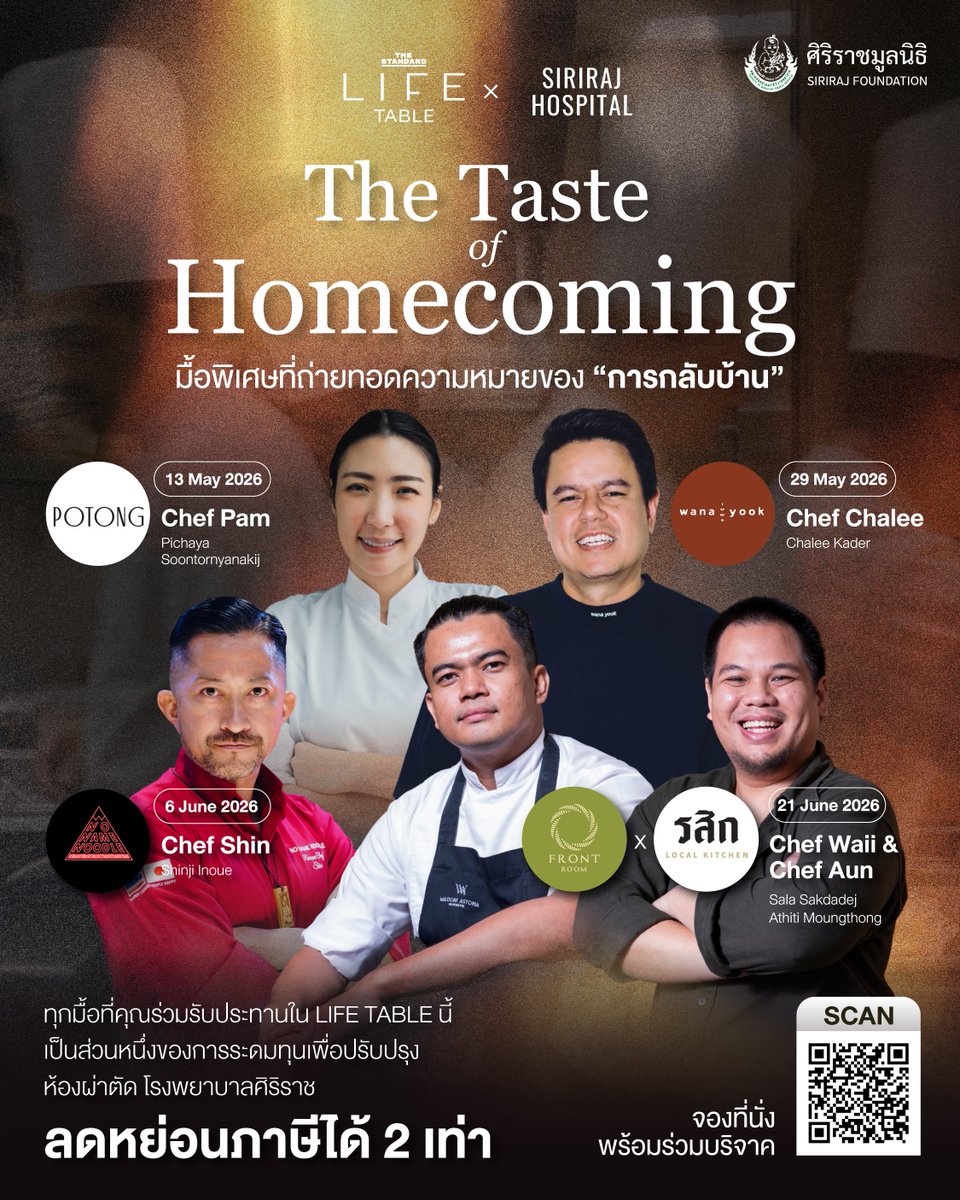 #LifeTable: #TheTasteofHomecoming 🍽️🏡
ชวนคุณมาทำความรู้จักกับ 4 มื้อพิเศษ ที่ถูกสร้างสรรค์ขึ้นจาก 4 ร้านอาหาร ผ่านมุมมอง และวิธีคิดที่แตกต่างกัน เพื่อร่วมกันบอกเล่านิยามของ “การกลับบ้าน”

อ่านต่อ facebook.com/thestandardlif…

#TheStandardLife #SirirajFoundation #ศิริราชมูลนิธิ