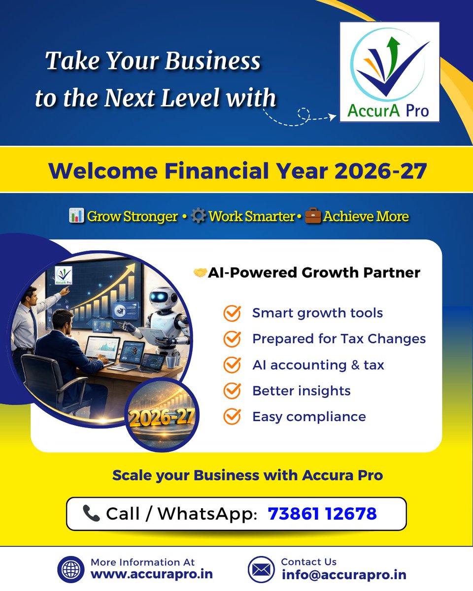 AccurA234's tweet photo. Step into FY 2026–27 with smarter growth 🚀
AI-powered accounting, compliance &amp; insights by Accura Pro.📞 7386112678Hashtags:

#AccuraPro #BusinessGrowth #AIAccounting #FY2026 #SmartFinance https://t.co/hiZP7dE8yG