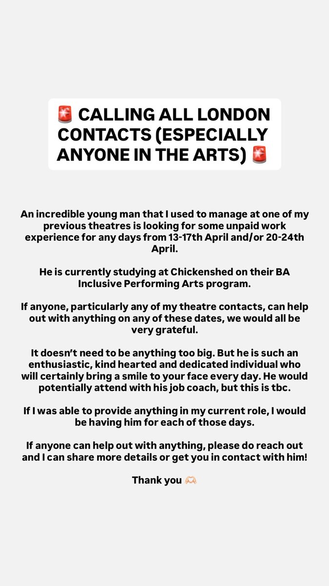 If any of my friends/contacts in the arts in London can help out at all with the below, I would be extremely grateful 🙏🏻