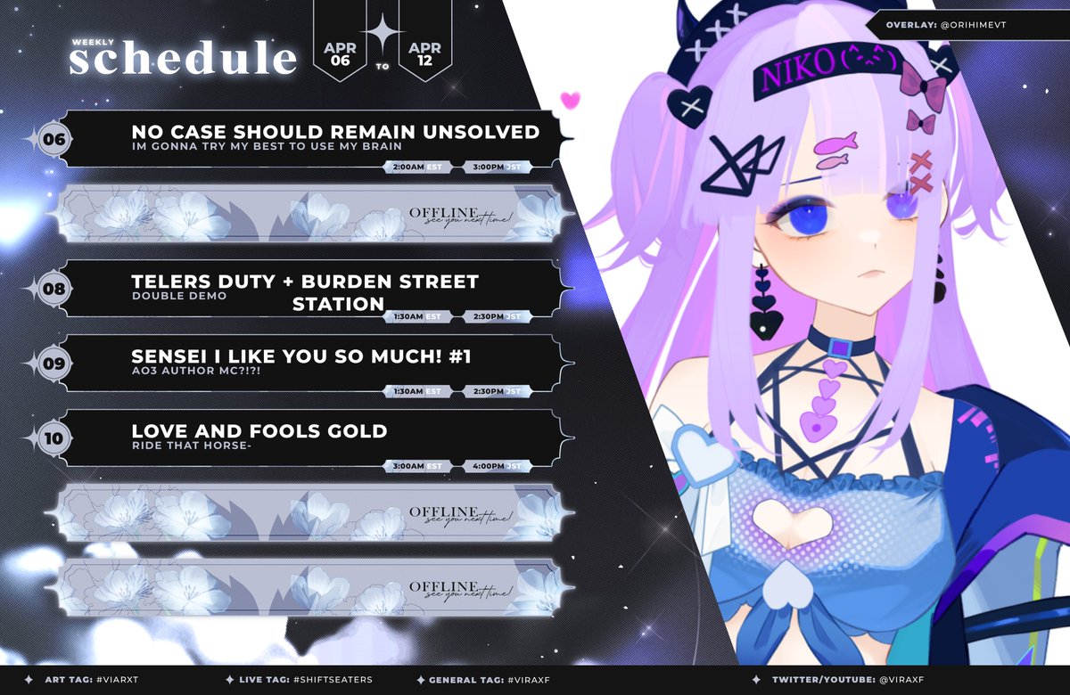 Jemitimud's tweet photo. 「This weeks schedule &amp; Tags」
Schedule for April 6-12! 
Schedule overlay: @/OrihimeVT

➤https://t.co/lTvG8MXFIN

#ENVtuber 🎲 #VtuberUprisings 🎲 #VtuberEN https://t.co/3rmZuZZw5f