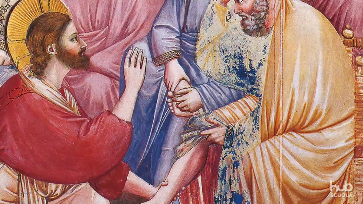 Giotto affresca la Lavanda dei piedi.
Tra i discepoli c'è chi aiuta portando la brocca d'acqua e c'è chi vorrebbe sottrarsi. Ma c'è pure chi si prepara i piedi puliti, togliendosi la polvere con le mani.
È un dettaglio adorabile, quel bisogno così umano di farsi trovare a posto.