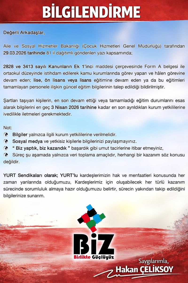 *BİLGİLENDİRME*

*Değerli Arkadaşlar,*

*Aile ve Sosyal Hizmetler Bakanlığı (Çocuk Hizmetleri Genel Müdürlüğü) tarafından 29.03.2026 tarihinde 81 il dağıtımlı gönderilen yazı kapsamında;*

2828 ve 3413 sayılı Kanunların Ek 1’inci maddesi çerçevesinde, Form A belgesi ile ortaokul