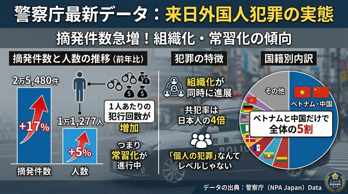 『件数の伸びが人数の3倍という異常』

警察庁の最新データ
来日外国人の摘発件数2万5480件
人数は1万2777人

注目すべきは件数の伸び率
人数+5%に対して件数+17%

つまり1人あたりの犯行回数が増えてる
常習化と組織化が同時に進んでるってわけ

しかもベトナムと中国だけで全体の5割
