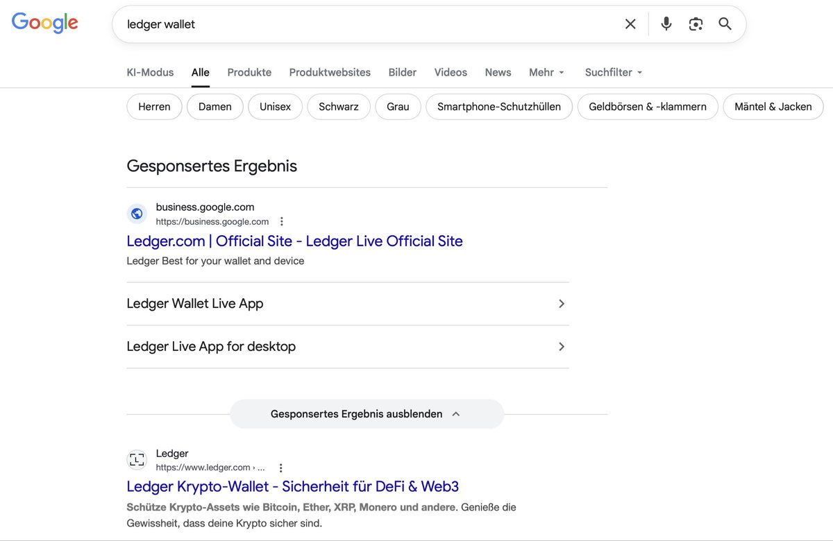 PalmaDeCardano's tweet photo. Why the F is google serving an obvious scam inside their Sponsored Results when I google „@ledger wallet“? first real result is https://t.co/CkTMriDN7K
Also the scam seems to be hosted on https://t.co/baJTl9lYms domain which leads to google sites. again wtf
#Crypto https://t.co/LXStblhJcw