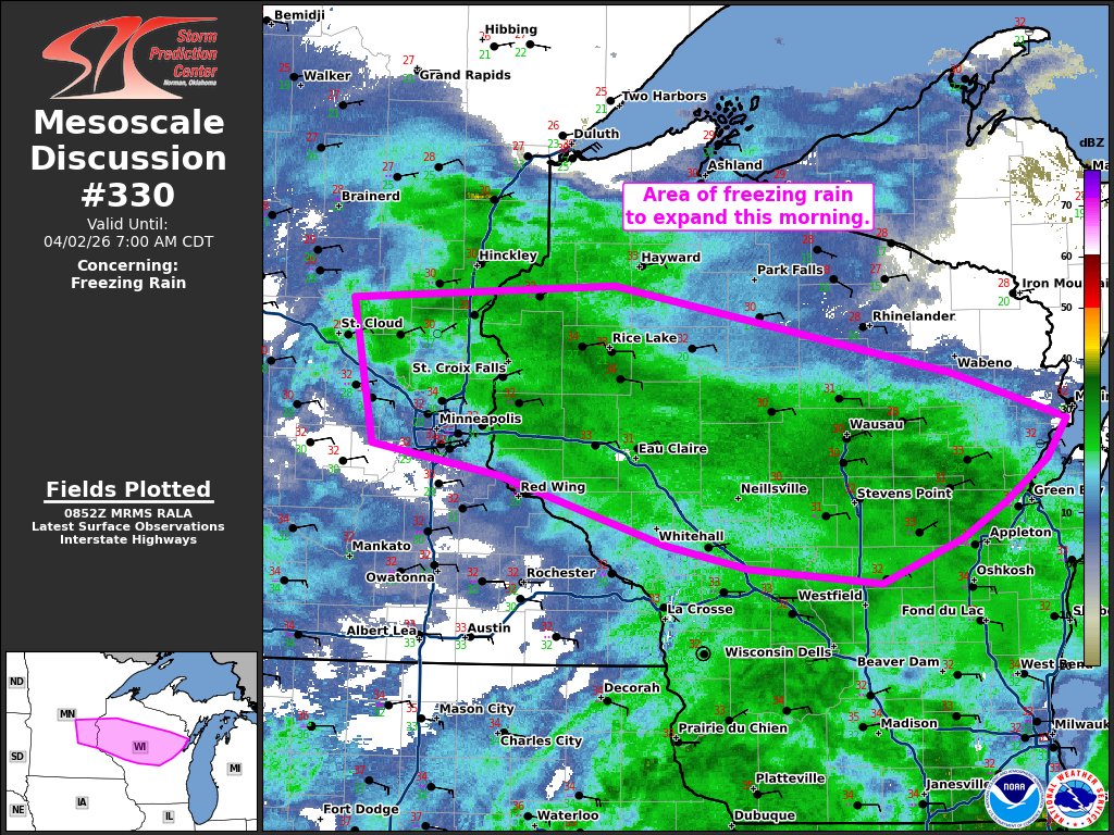 NWSSPC's tweet image. 3:57am CDT #SPC_MD 0330 , #wiwx #mnwx, spc.noaa.gov/products/md/md…
