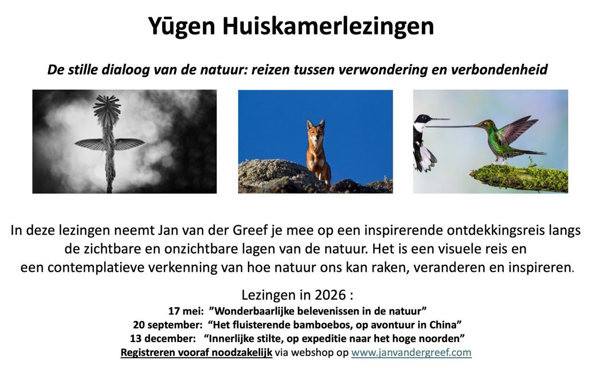 JanvanderGreef's tweet photo. In onze sfeervolle Yūgen galerie ga ik regelmatig huiskamerlezingen geven, met als rode draad:
“De stille dialoog van de natuur: reizen tussen verwondering en verbondenheid”
Data: 17 mei, 20 sept, 13 dec. Welkom!
Registratie vooraf is noodzakelijk via https://t.co/Zfr3vhtPI2 https://t.co/aZTu5wVRYe