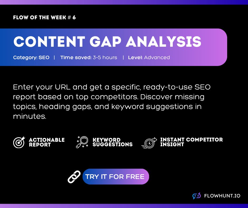 You wrote great content, published it, and it isn't ranking. 😤
Flow of the Week #7 tells you why. Paste your URL and get a full breakdown of the missing topics, headings, and keywords. 
📋 Try it out for free: flowhunt.io/ai-tools/webpa…