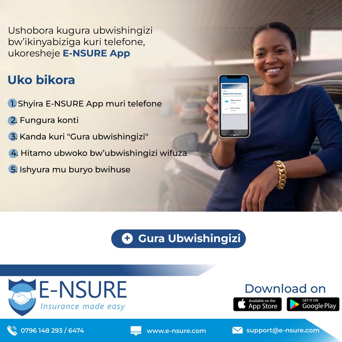 e_nsure's tweet image. Ubwishingizi bw'ikinyabiziga cyawe. Aho uri hose, kuri telefone yawe.
📲 Gura, wongere igihe cy’ubwishingizi bwawe ukoresheje E-NSURE App

#InsuranceMadeEasy #DigitalInsurance #SmartInsurance #ClaimsSimplified #rwandatech #DigitalAfrica