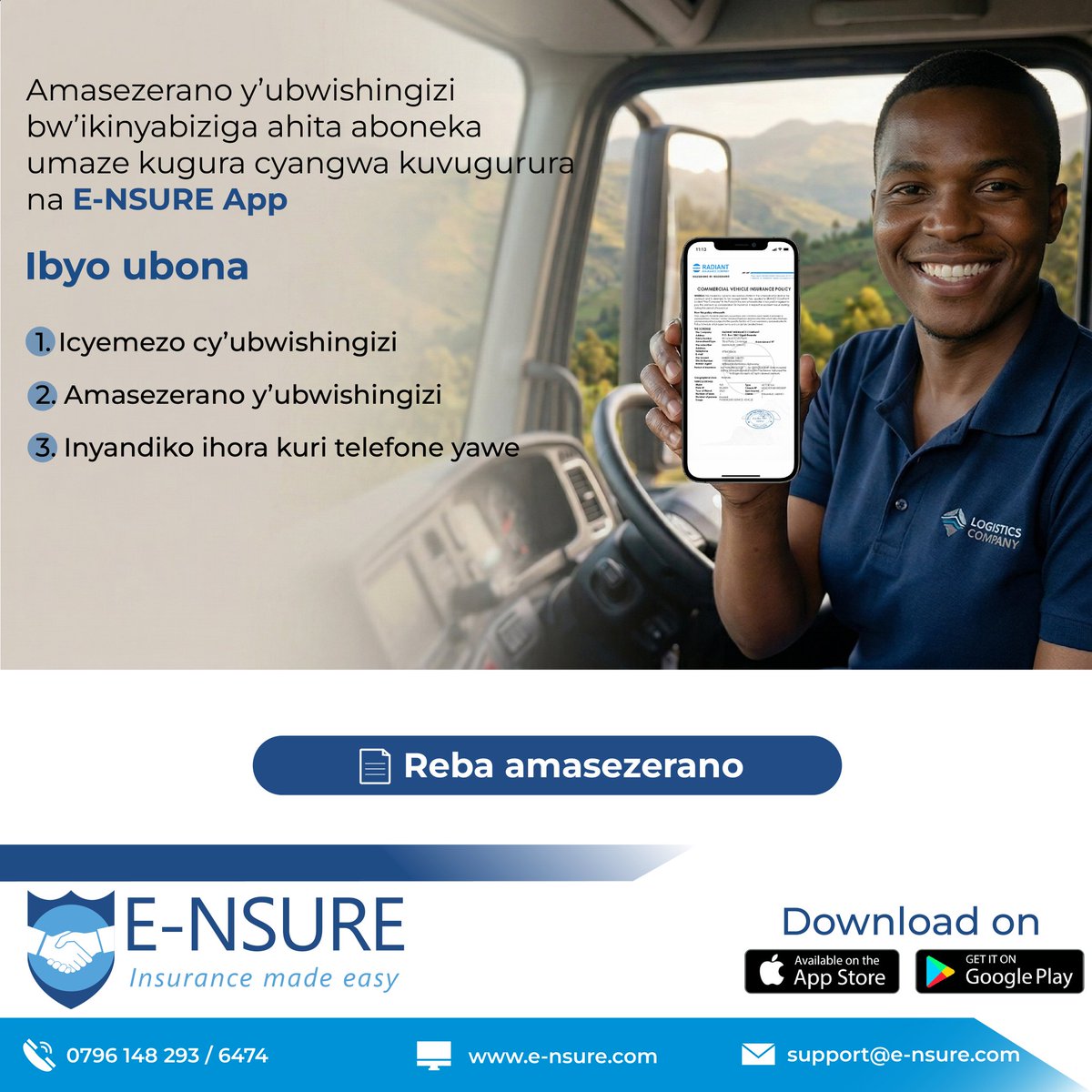 e_nsure's tweet image. Ubwishingizi bw'ikinyabiziga cyawe. Aho uri hose, kuri telefone yawe.
📲 Gura, wongere igihe cy’ubwishingizi bwawe ukoresheje E-NSURE App

#InsuranceMadeEasy #DigitalInsurance #SmartInsurance #ClaimsSimplified #rwandatech #DigitalAfrica