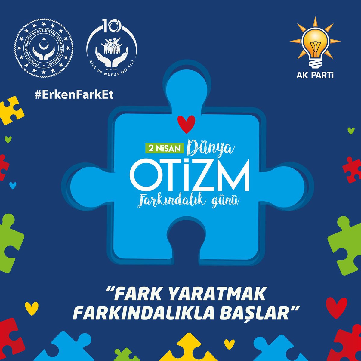 dvrnyalcinkaya's tweet photo. Otizm, eksiklik değil farklılıktır.🧩

Otizmli bireylerimizin hayatın her alanında, engellerle karşılaşmadan var olmaları en büyük önceliğimizdir. Daima yanınızdayız.❤️

#ErkenFarkEt, Erkenden Harekete Geç! https://t.co/Lb50sEDUzI