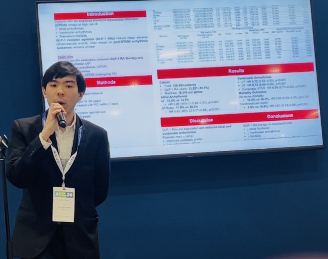 ThamesNarathorn's tweet photo. ✨ Excited to share our work on #CardioMetabolic therapies post-STEMI!

📊 GLP-1 RA use in STEMI patients undergoing PCI (TriNetX, n=126,523)   
⚠️ Associated with significantly lower arrhythmias & mortality

📉 AF ↓ (HR 0.86)  
📉 VT ↓ (HR 0.72), VF ↓ (HR 0.73)  
📉 Mortality ↓ (HR 0.89)  
❤️ CV death ↓ (HR 0.81)

💡 Benefits extend beyond glycemic control → potential electrophysiologic & anti-inflammatory effects

#CardioTwitter #MedTwitter #GLP1 #STEMI #Cardiology