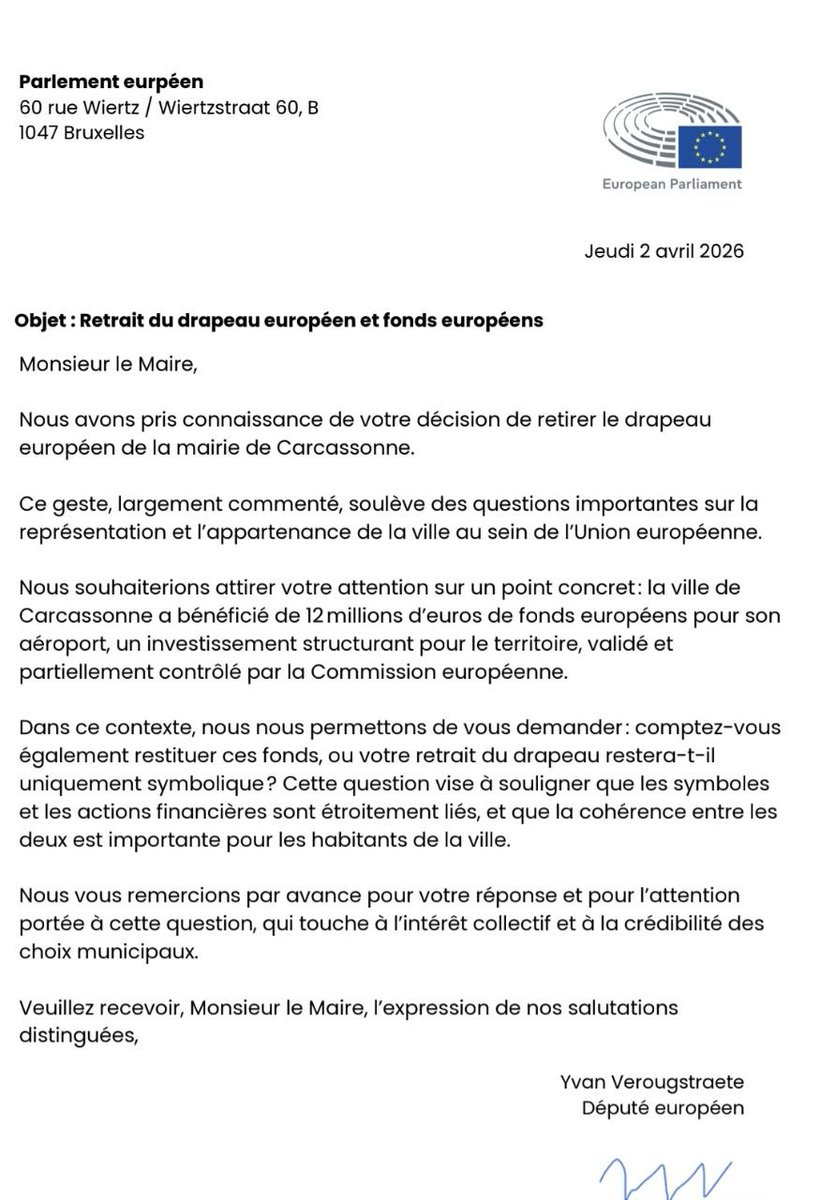 Lettre du Parlement Européen à l'attention de monsieur le Maire de #Carcassonne <a href="/BarthesChristop/">Christophe Barthès</a>