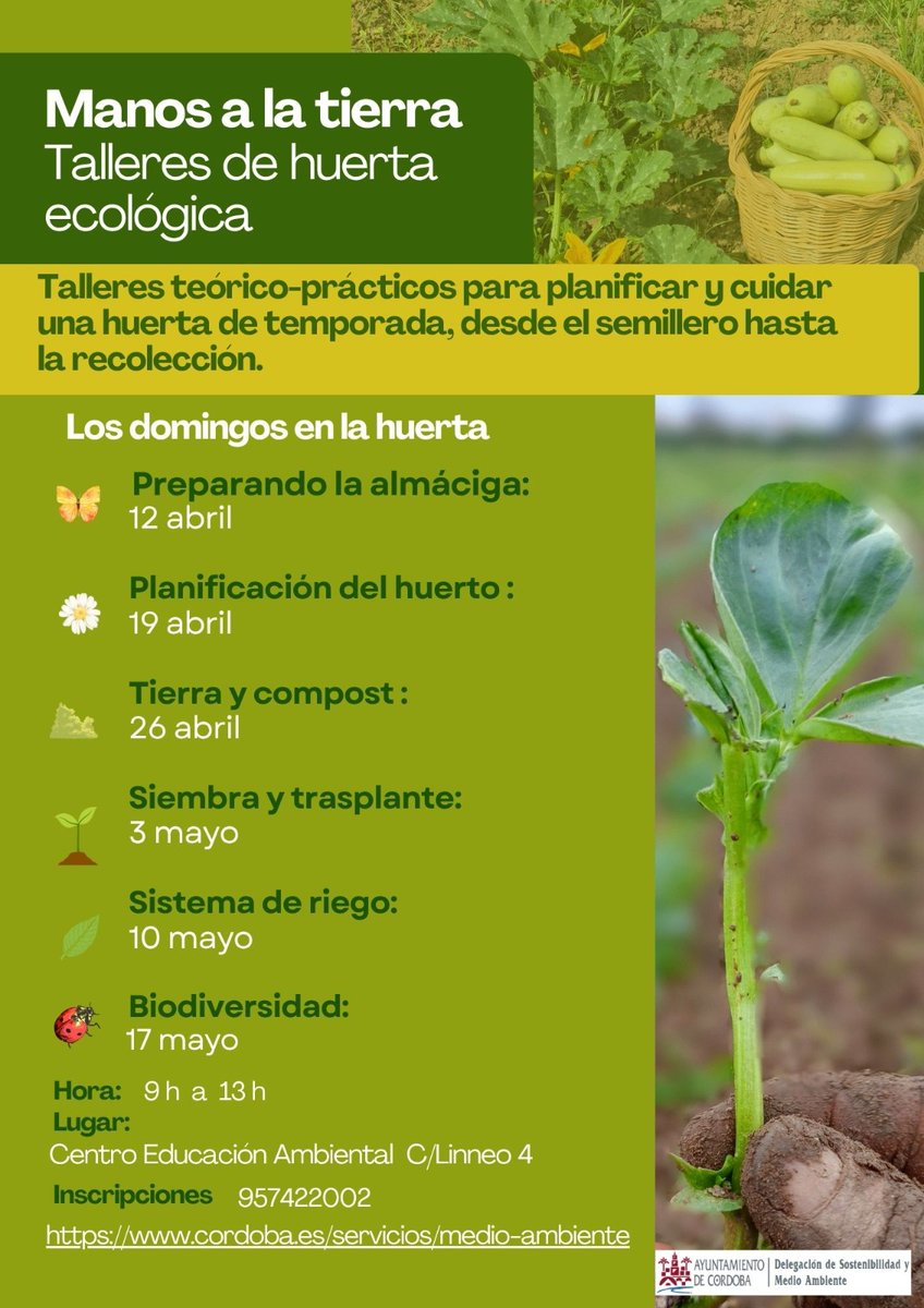 🔊 Al-Zahara 💪 recomienda.

👉 Talleres de huerta ecológica 💚.

📅 ¿CUÁNDO? 12 de abril a 17 de mayo.

HORARIO. De 09.00 🕘 a 13.00 🕐 horas.

🌍 ¿DÓNDE? Centro de Educación Ambiental.

👉 Aprendizaje práctico 🧑‍🎓 que nunca está de más aprender 😃.

👇