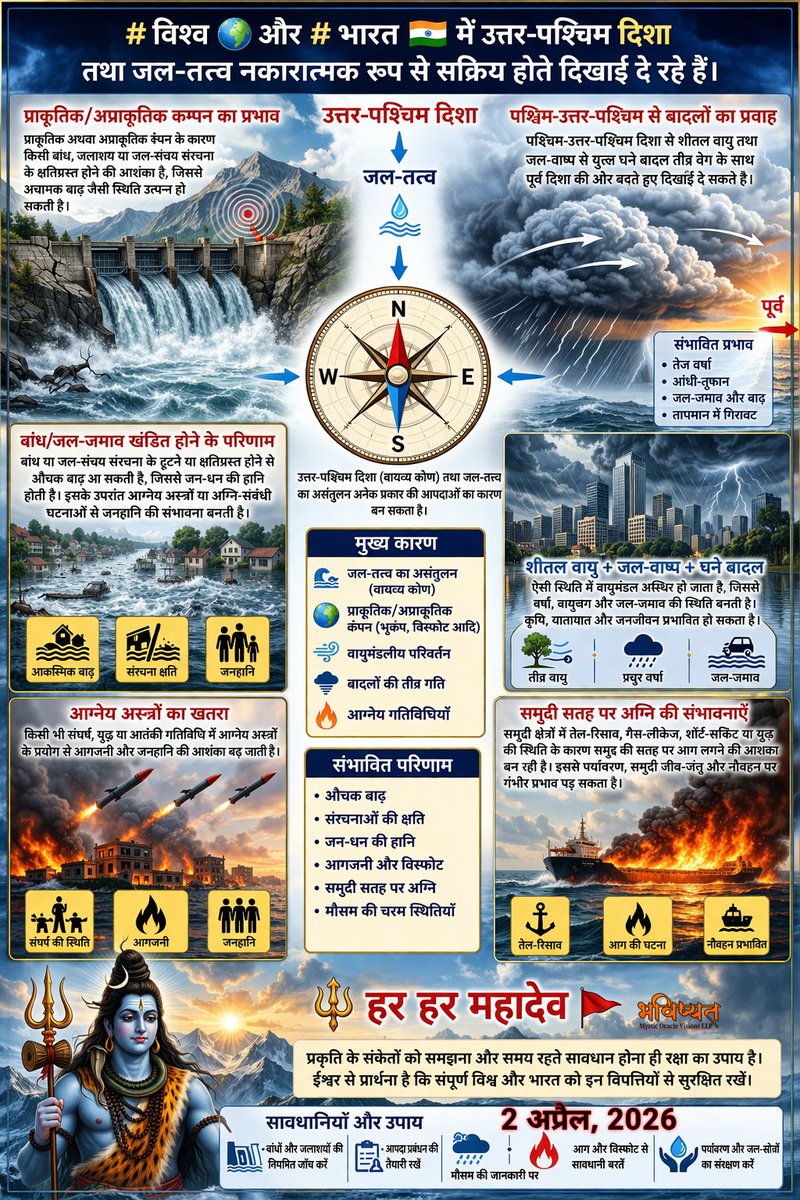 #विश्व 🌍 और #भारत 🇮🇳 में उत्तर-पश्चिम दिशा तथा जल-तत्त्व नकारात्मक रूप से सक्रिय होते दिखाई दे रहे हैं।

प्राकृतिक अथवा अप्राकृतिक कंपन के कारण किसी 🏞️ बांध, जलाशय या जल-संचय संरचना के क्षतिग्रस्त होने की आशंका है, जिससे अचानक बाढ़ जैसी स्थिति उत्पन्न हो सकती है। इसके उपरांत