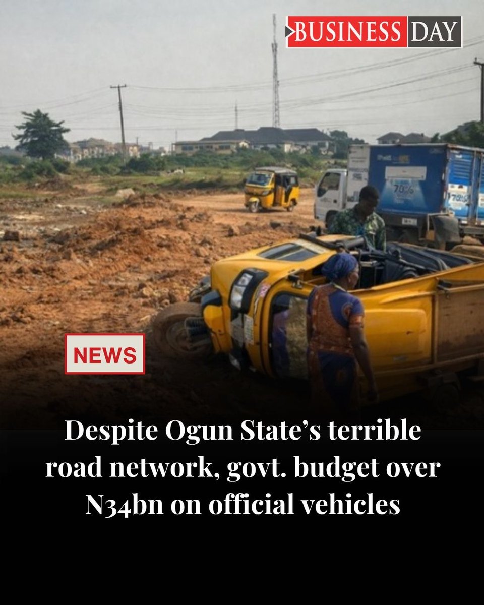 BusinessDayNg's tweet photo. While families in Ogun State mourn loved ones killed on death-trap roads, the government budgeted over N34.3 billion on luxury official vehicles for lawmakers, commissioners & officials.

Ogun ranks among states with the worst roads in Nigeria. More than N34bn, enough to rebuild over 170km of critical roads, was spent on SUVs and official vehicles while residents continue to suffer.

Read the full investigation: https://t.co/KlGXMvjTcQ

#OgunBadRoads #MisplacedPriorities #OgunState #Infrastructure #HoldGovtAccountable"