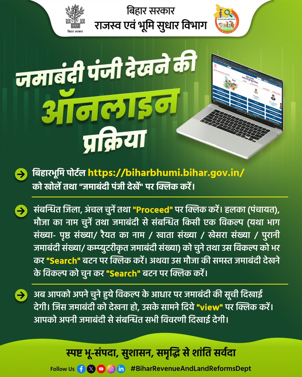 BiharRevenue's tweet photo. जमाबंदी पंजी देखने के लिए ऑनलाइन बिहारभूमि पोर्टल https://t.co/tGrJINSiTE पर विजिट करें।
@NitishKumar
@VijayKrSinhaBih
@IPRDBihar
#Jamabandi #Portal
#BiharBhumi #BiharRevenueAndLandReformsDept https://t.co/BpI1KaMrWY