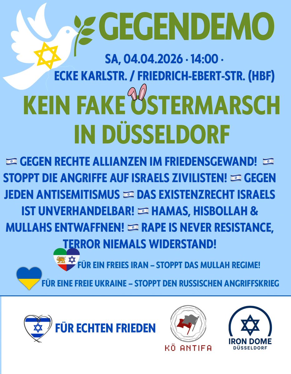 KoeAntifa161's tweet photo. Am Samstag ab 14h am Immermannplatz,  Karlstraße Ecke Friedrich-Ebert-Straße,  Düsseldorf. 

Gemeinsam gegen Nazis, Islamismus &amp; Antisemitismus. 

Für Demokratie &amp; Menschenrechte. 
#dus0404 https://t.co/QmjeREjooy