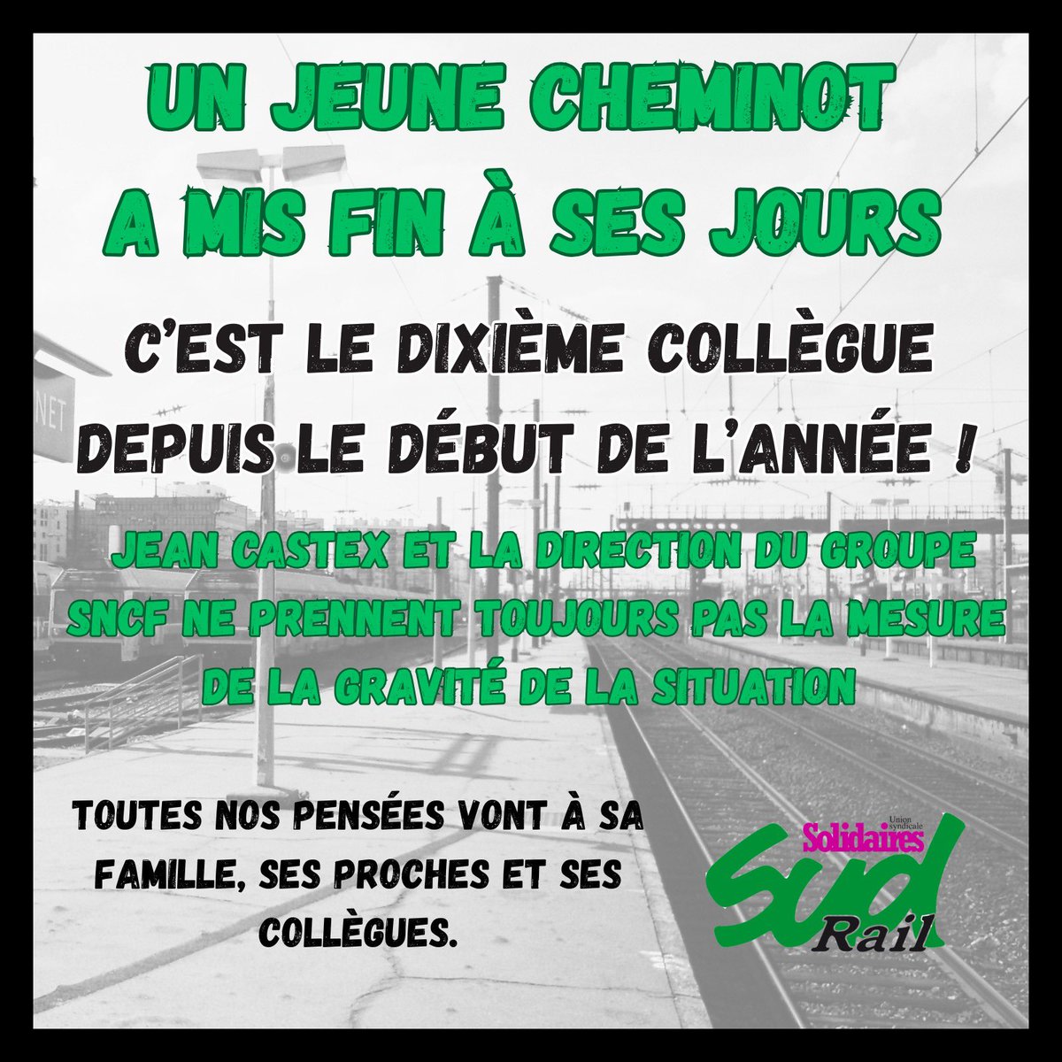⚫️ Ces dernières heures, un jeune cheminot a mis fin ses jours ! 

⚫️ C’est le 10ème suicide depuis le début de l’année. 

⚫️ Comment pouvez-vous continuer à rester silencieux <a href="/JeanCASTEX/">Jean Castex</a> ?