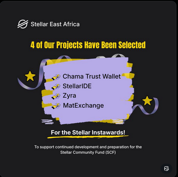 abokogodo's tweet image. 🎉 Huge news! Proud to be part of @Zyra_pays — one of the 4 East African projects selected for the Stellar Instawards! 💫
. Big thanks to @StellarEastAfri for the support! 🚀 #StellarAfrica #BlockchainBuilders #Web3WayAfrica