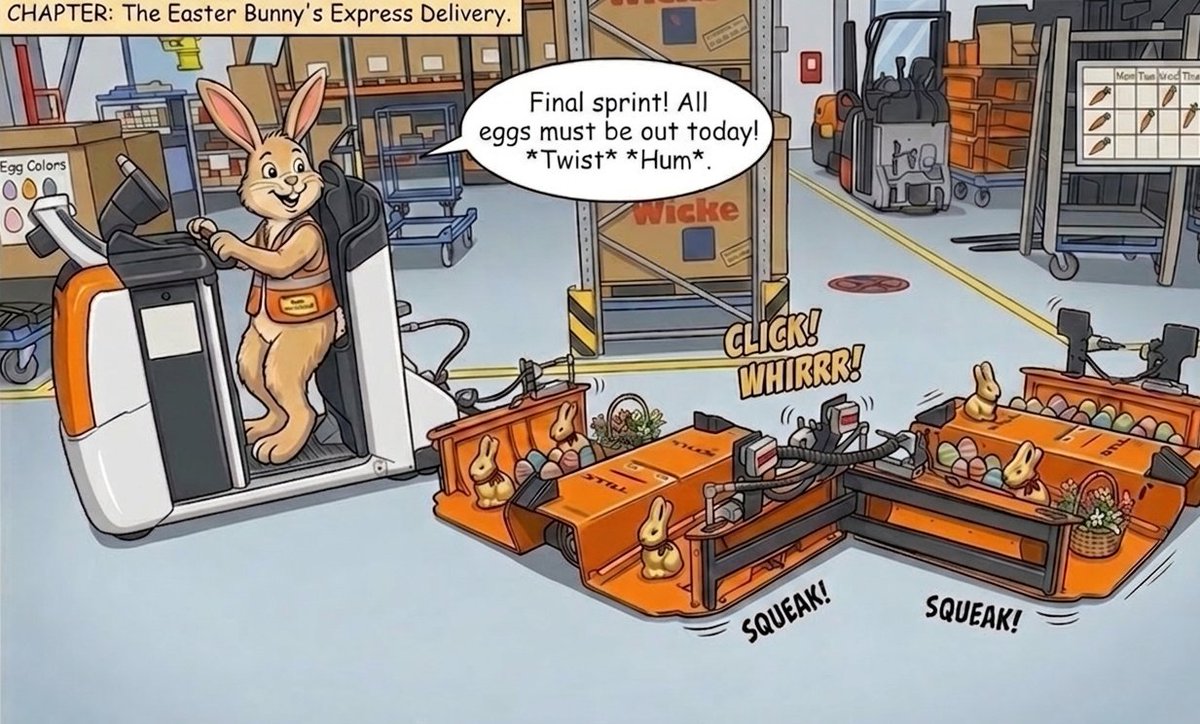 LRIntralogistik's tweet photo. 🐣🐰
Even in logistics, there are days when every second counts! Our “Special Guest” has swapped traditional transportation for state-of-the-art technology and is already on the final leg of the journey to deliver all the colorful surprises on time. 🚚💨 https://t.co/o8nfC5sCVd