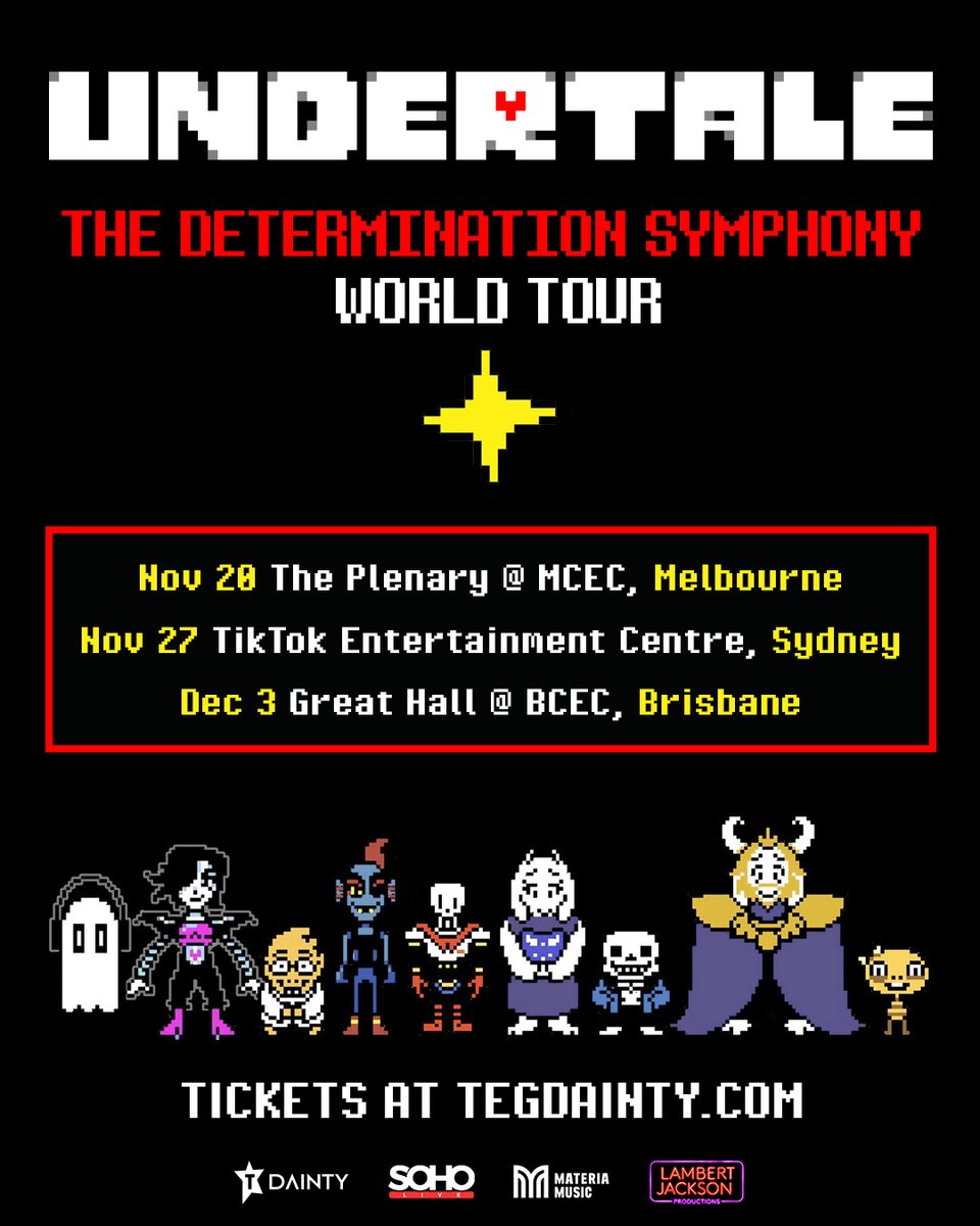 TEGDAINTY's tweet photo. 📣 JUST ANNOUNCED: Undertale: The Determination Symphony is coming to Australia in 2026!

Celebrating 10 years of one of gaming’s most influential indie titles, this live concert experience brings Undertale’s iconic soundtrack to life - performed by a 25-piece orchestra in sync with gameplay visuals on screen.

Relive the journey through the Underground - from the Ruins and Snowdin to Waterfall, Hotland and beyond - with The Metropolitan Orchestra, conducted by Sarah-Grace Williams, in a fully immersive live setting.

🎟️ Presale: Wed 8 Apr, 11am (local)
🎟️ GP On-sale: Thu 9 Apr, 12pm (local)

🔗 Register now for presale access via https://t.co/59jfSpuzJI