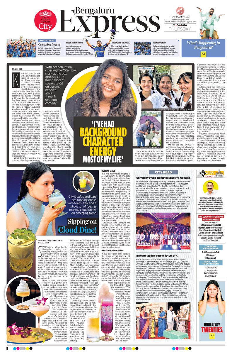 Here’s a preview of today’s #CityExpress. For more, visit: newindianexpress.com/cities/bengalu…

🎨 <a href="/Shiva36339/">Shivashankar | Chief Designer</a> 

#KarenVincent #CloudDrinks #Youth #Bengalurutrends #trending