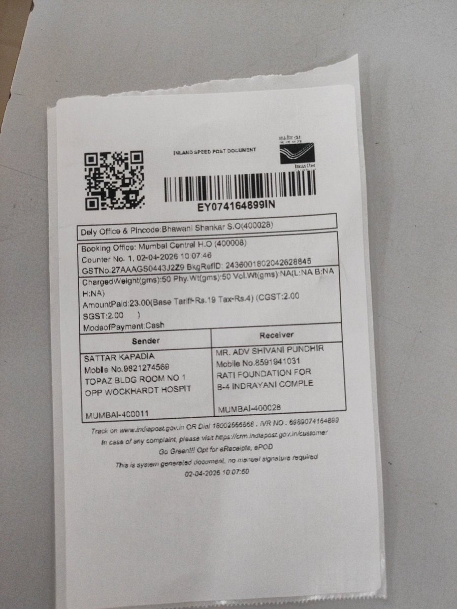 <a href="/IndiaPostOffice/">India Post</a> <a href="/PMOIndia/">PMO India</a> <a href="/rashtrapatibhvn/">President of India</a> ATTN-Mumbai Central post  counter # 1 refused for 24 hours delivery service. No ID card displayed by entire on duty staff including supervisor, arrogant in behaviour, informed Sujata (Sr.PM) violation GAD -GR, 10/10/23