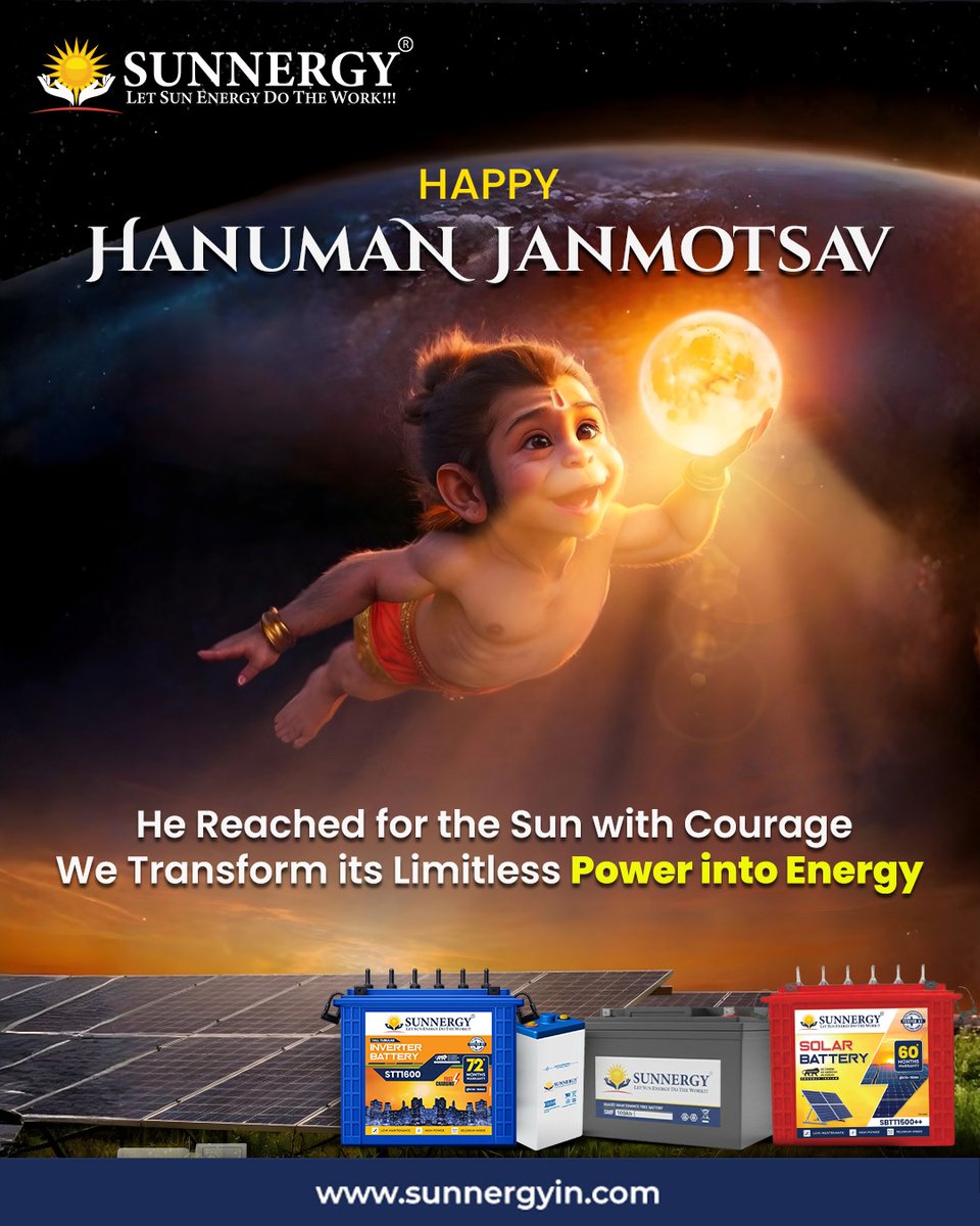 Sunnergyin's tweet photo. This Hanuman Janmotsav, harness the power of the sun ☀️

With Sunnergy Solar Batteries &amp; Inverter Solutions, switch to reliable, sustainable energy.

#HanumanJanmotsav #SolarEnergyIndia #Sunnergy #RenewableEnergy #InverterBattery https://t.co/N782bo4KrP