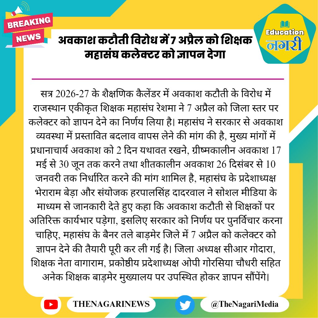 अवकाश कटौती विरोध में 7 अप्रैल को शिक्षक महासंघ कलेक्टर को ज्ञापन देगा
#EducationNagari <a href="/JATbera1/">Bhera ram</a> <a href="/Dadarwal7/">Harpal Dadarwal</a>