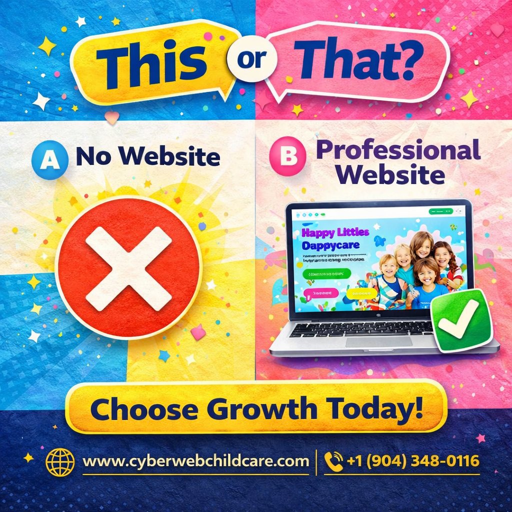 Cyberwebdaycare's tweet image. 🧐 This or That? Would you prefer a no website or a professional daycare website? The choice is clear! 🌈 

Choose Growth Today! 💡 Visit cyberwebchildcare.com or call +1 (904) 348-0116 

#DaycareWebsite #MarketingGrowth #ChooseGrowth #DaycareOnline #WebsiteDevelopment