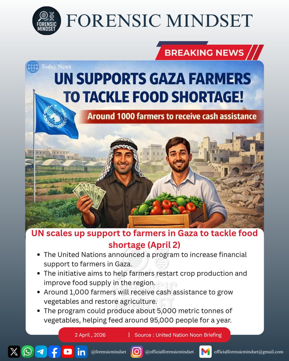 MindsetForensic's tweet image. Global Updates | April 2, 2026
UN supports Gaza farmers to tackle food shortages 
IndiGo increases fuel charges affecting flight fares 
Stay informed with the latest from Forensic Mindset
Created by - Ritwika (volunteer)

 #FlightUpdates #TravelNews #FuelPriceRise