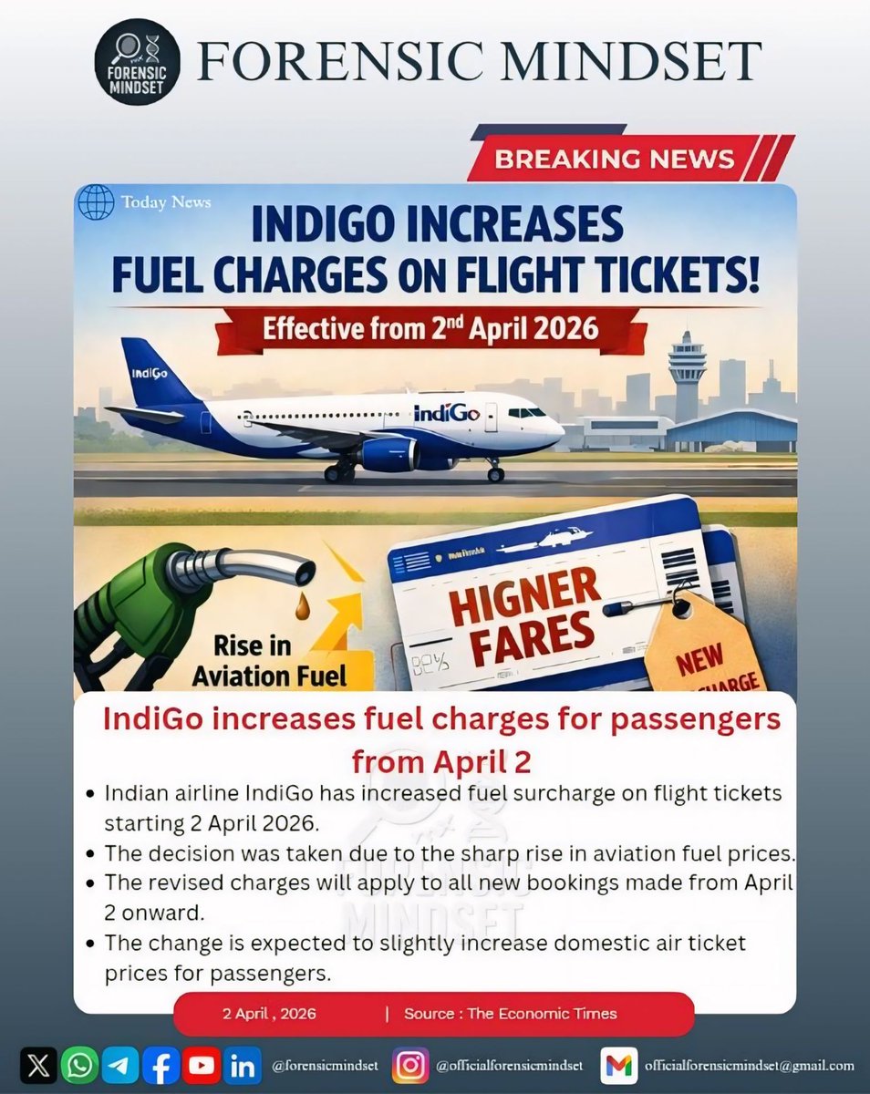 MindsetForensic's tweet image. Global Updates | April 2, 2026
UN supports Gaza farmers to tackle food shortages 
IndiGo increases fuel charges affecting flight fares 
Stay informed with the latest from Forensic Mindset
Created by - Ritwika (volunteer)

 #FlightUpdates #TravelNews #FuelPriceRise
