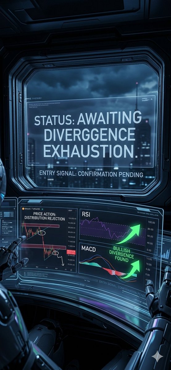 DataOnChain1's tweet photo. I’m leaning heavily towards your range/dump thesis for the 'final capitalization.' This look has zero impulsive strength. What I am tracking now is momentum exhaustion on the 4H/1D. When the price flushes but my indicators show divergence, that's the trigger. We clean the weak books, let the DOJ finish the wash-traders, and then we re-enter the train when the structure confirms. Patience is the only edge right now. ☕⚖️ @Roman_Trading #Bitcoin #BTC #NFA