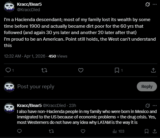 KraccDied's tweet photo. @wifesmoocher @canserfurro Correction to my original post:

I checked in with the rest of my family and I'm not a hacienda descendant after all. My decedents were still colonizers but were middle-lower class farmworkers. Not sure this matters much, but anyway. Either way, the conclusion is still the same. https://t.co/kk2JZNEPde