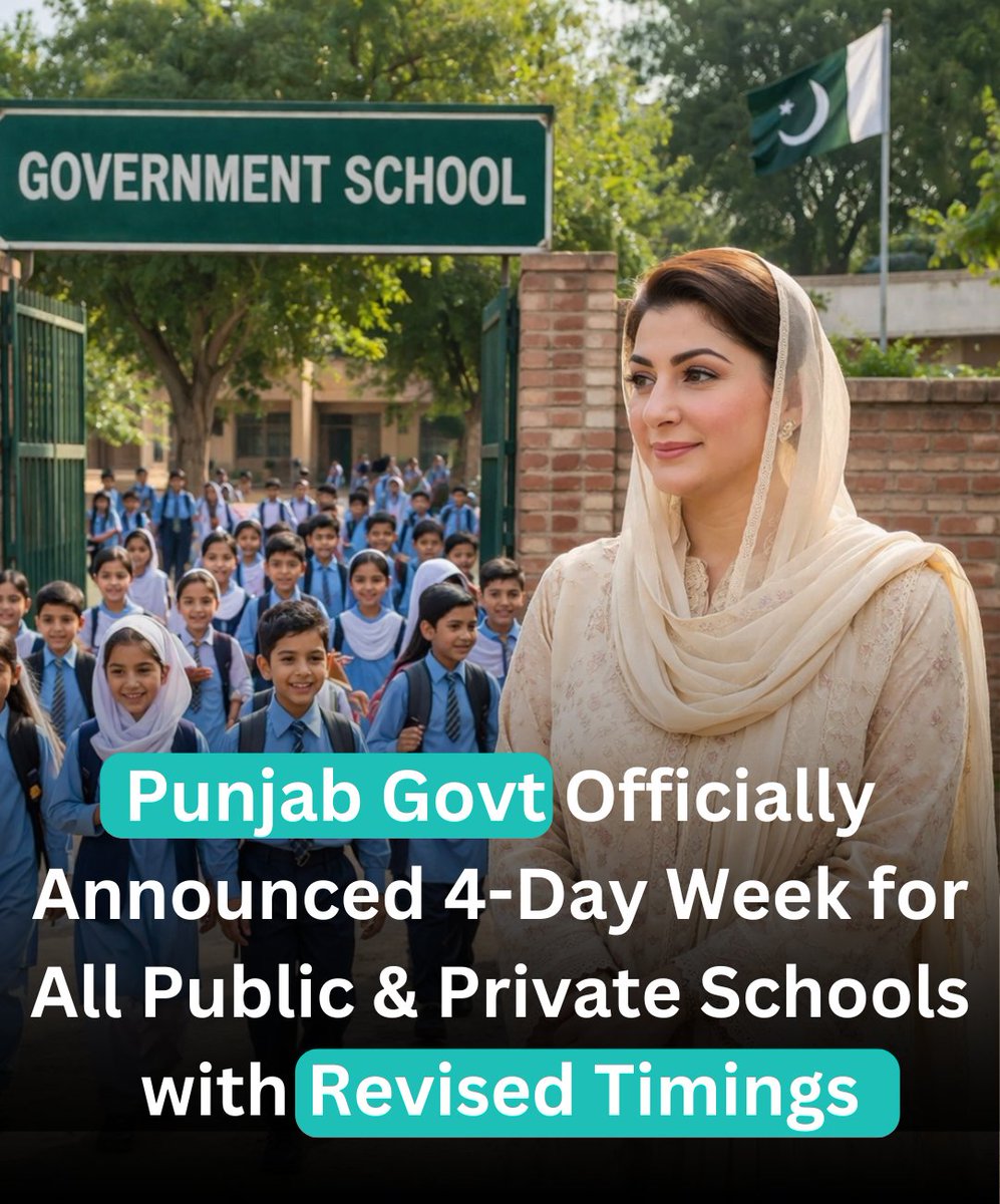 PakRightup's tweet photo. The Punjab School Education Department has introduced a 4-day school week from April 1, 2026. Schools will remain closed on Fridays, creating a 3-day weekend.

Timings from Monday to Thursday have been adjusted to maintain academic balance and allow better rest.
#PakistanNews https://t.co/53JtQXJiuT
