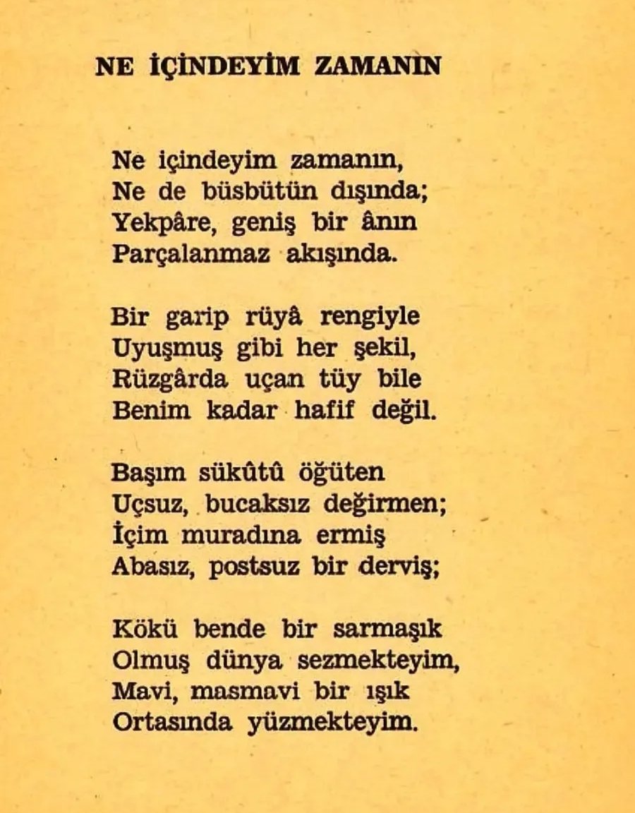 z_alimoglu's tweet photo. Henri Bergson zamanı ikiye ayırır: mekânsallaştırılmış zaman ve saf zaman (durée). Mekânsallaştırılmış zaman, saatlerle ölçtüğümüz, saniyelere bölüp yan yana dizdiğimiz ve adeta mekân gibi düşündüğümüz zamandır; oysa saf zaman, bilincimizde yaşanan, kesintisiz akan ve bölünemeyen gerçek zamandır. Bizim “an” diye ayırdığımız kesitler aslında zihnin yaptığı yapay bölmelerdir; gerçekte zaman, bir melodinin notaları gibi kopuk değil, birbirine karışarak ilerler. Her an geçmişin izlerini içinde taşır ve geleceğe doğru yönelir; bu yüzden saf zaman, bir anda dağılan ya da parçalanan bir şey değil, hafızayla birlikte yoğunlaşarak devam eden sürekli bir akıştır.
Bergson'un bu fikrini okurken  zihnim bir saniyeden daha hızlı bir kesitte Ahmet Hamdi Tanpınar bağlantısı kurdu. Zihnimin, yıllar önce ezberlediğim şiiri o kadar bilgi ve yaşanmışlıklar arasından seçip getirmesi, insan beyninin işleyiş mekanizması konusunda beni bir kez daha hayret ve hayranlığa gark etti. Tanpınar’ın "Ne İçindeyim Zamanın" şiiri, Bergson’un felsefesinin adeta edebî karşılığı gibi...