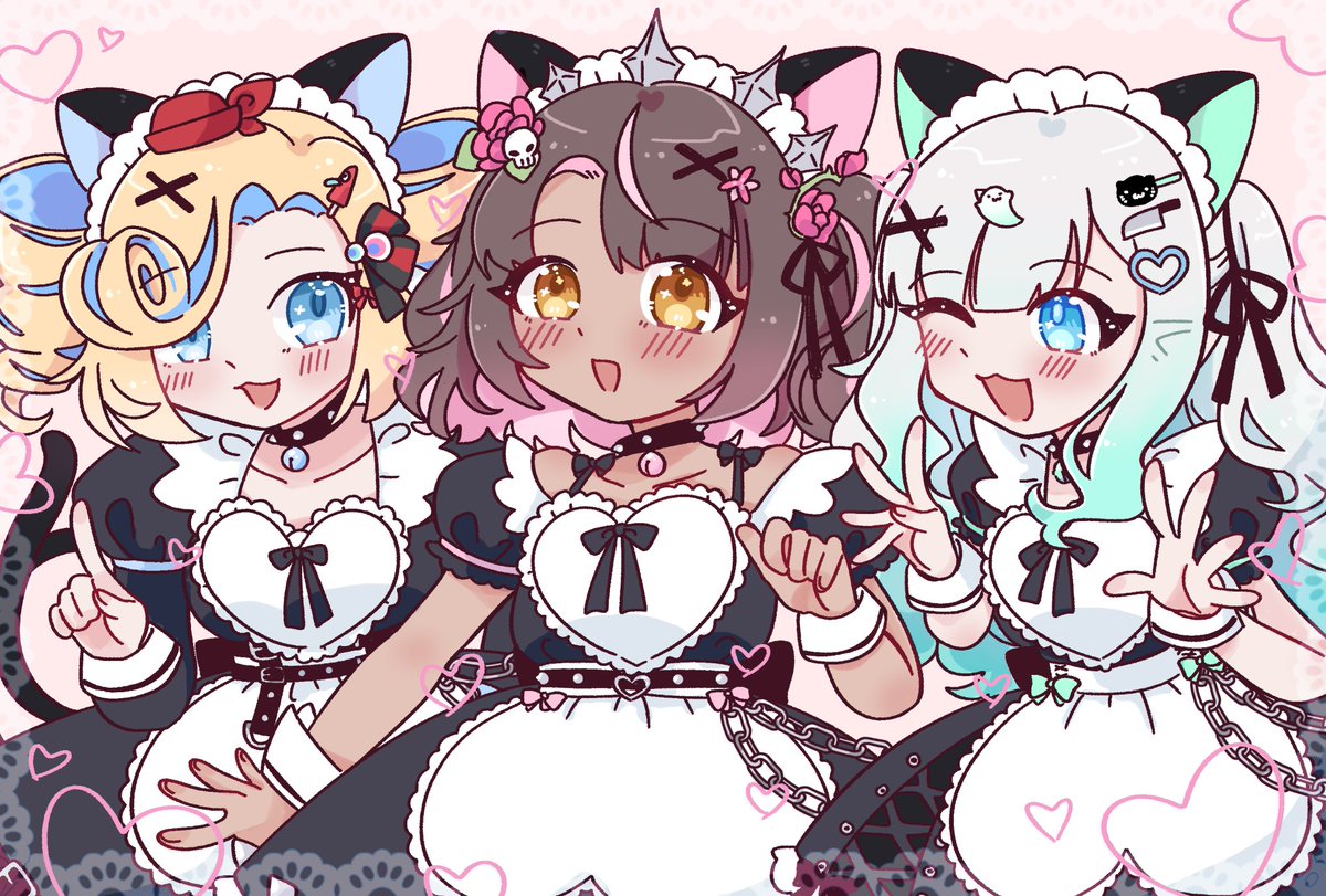 three cute maids 💙🩷💚 #DensetsuPNG #ddexe

and btw! if you happen to be around Seattle this weekend... you should check out VHalla's cupsleeve event :3 more info in replies!
original designs by <a href="/pochaimo/">Pochaimo ✨ OshiUplink A11</a> ! #InkyVicky #FeebeeFanart #Fantography