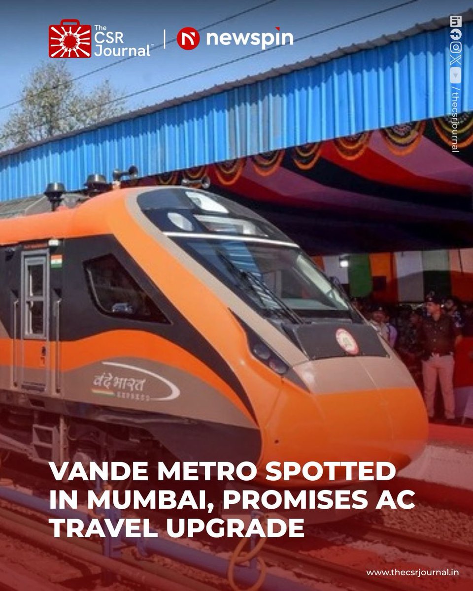 thecsrjournal's tweet image. A Vande Metro train was seen at Prabhadevi station, hinting at a major upgrade in suburban travel.

The trains will feature AC coaches, automatic doors, CCTV and more space, aiming to ease congestion for Mumbai Suburban Railway commuters.

#Mumbai
#VandeMetro
#Railways
#Transport
