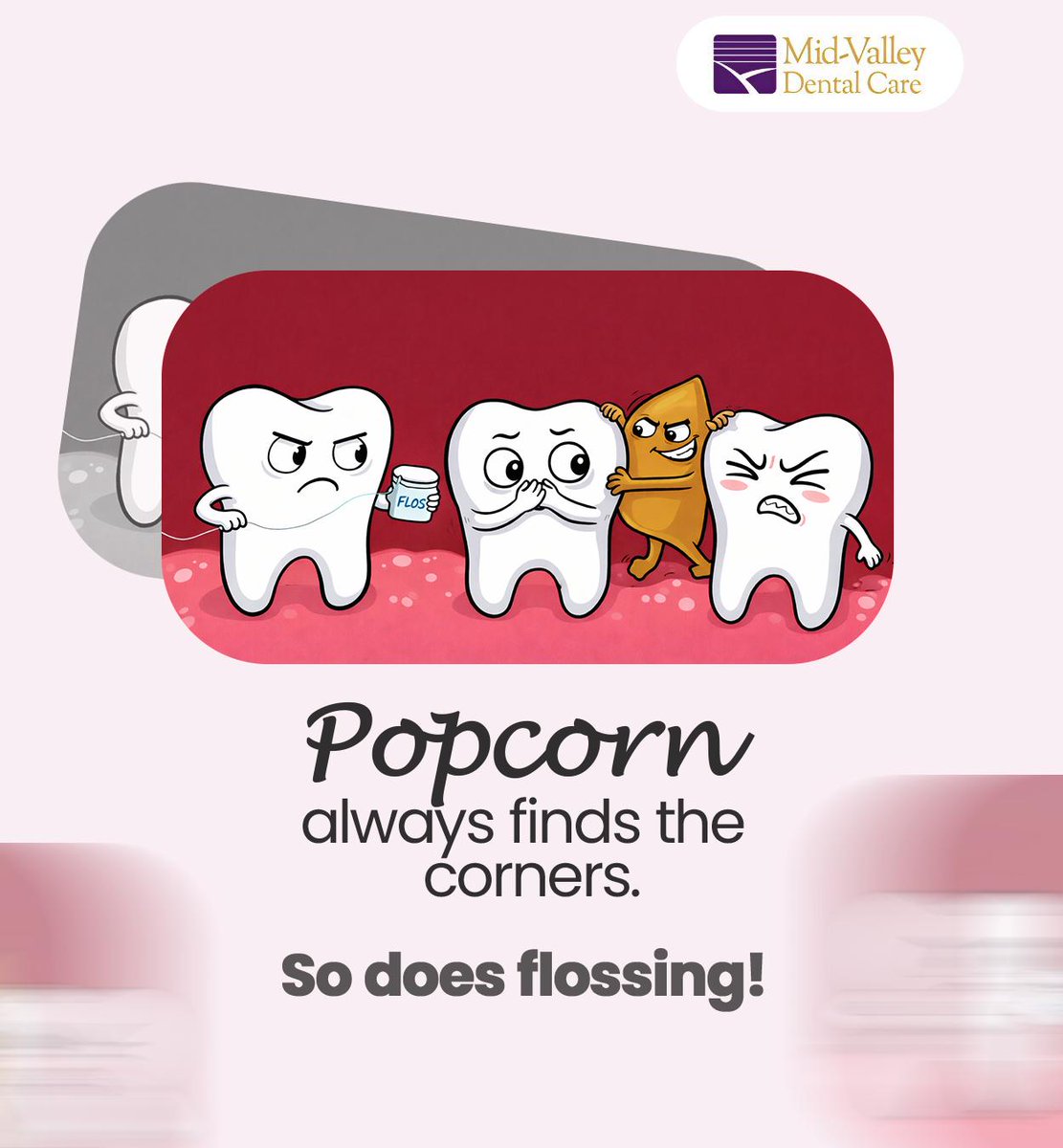 MidValDental's tweet photo. We don't want little bits of food in the corners of our mouth, do we? Make sure you floss daily to remove those stubborn bits. #floss #brushandfloss #oralhygiene #MidValleyDentalCare #Northridge #CA https://t.co/jQozW6UXD1