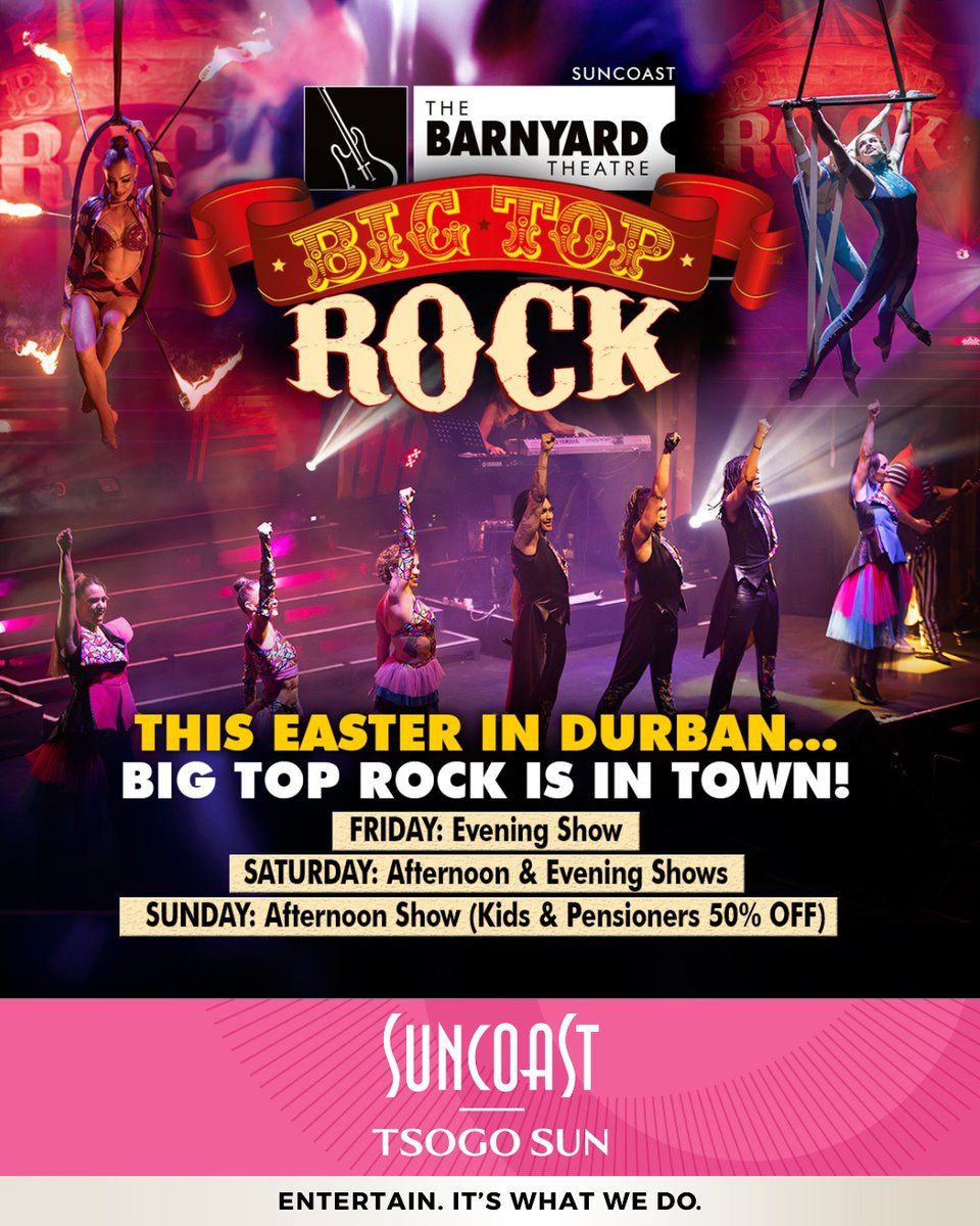 SUNCOASTDurban's tweet photo. Durban, are you ready for Easter weekend magic? 🎶🎪
𝐁𝐢𝐠 𝐓𝐨𝐩 𝐑𝐨𝐜𝐤  is bringing rock ’n roll, circus thrills, and nonstop energy the whole family will love!

📅 Limited shows this Easter
📍 Suncoast Barnyard

Don’t miss it — book now 👉 https://t.co/N0pKsXCWjx

#DurbanEaster #BigTopRock #HolidayFun #ThingsToDoInDurban #Suncoast