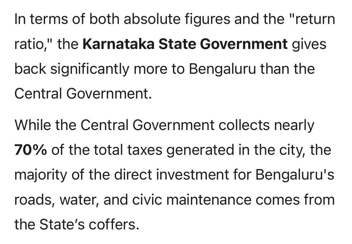 Despite paying more taxes to the Indian government than to the Karnataka government, Bengaluru receives more development funding from the Karnataka government. This is evident in both absolute figures and the per rupees return ratio.

First, talk to your Supreme leaders about