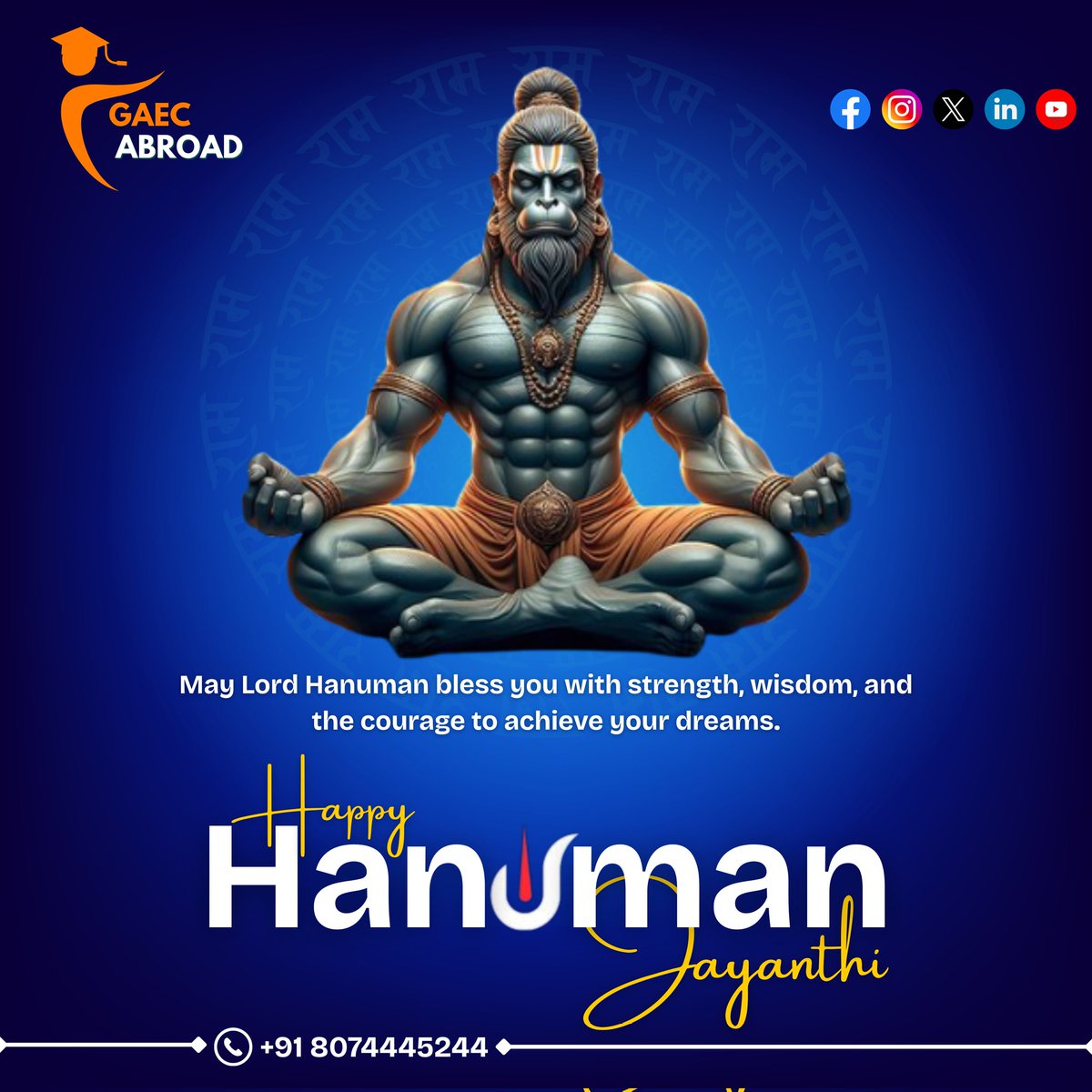 GAECABROAD's tweet photo. May Lord Hanuman bless you with unshakable strength, sharp wisdom, and fearless courage to chase your dreams 🙏🔥
This Hanuman Jayanti, may your journey—whether in life or abroad—be filled with success, protection, and positivity 🌍✨
From all of us at GAEC Abroad, https://t.co/bLVSlQfxoK