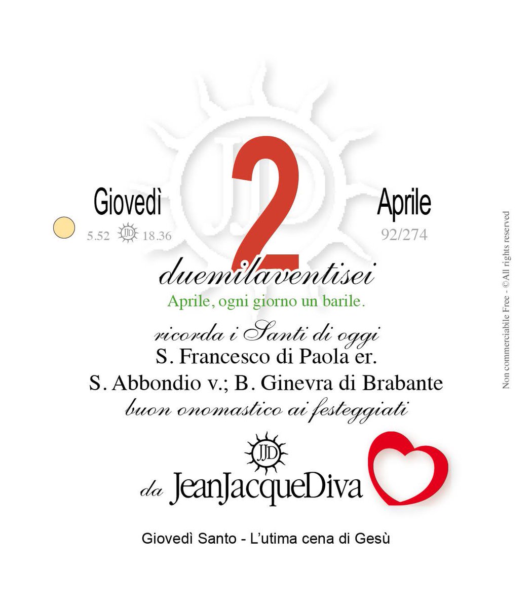 JeanJacqueDiva's tweet photo. Buondì #Felicegiornata 🌞da JeanJacqueDiva 🎩🖋vi offro un #caffe ☕️ virtuale con voi ogni mattina con il mio #calendario oggi #2aprile
 Buon #onomastico #Ginevra #Isolina #Isotta #Selena🌹🎁
 
vediQui📲 https://t.co/aNFfiAcm9g

#buongiorno #gioielli #bracciali #tamashii https://t.co/eJSuslDMhA