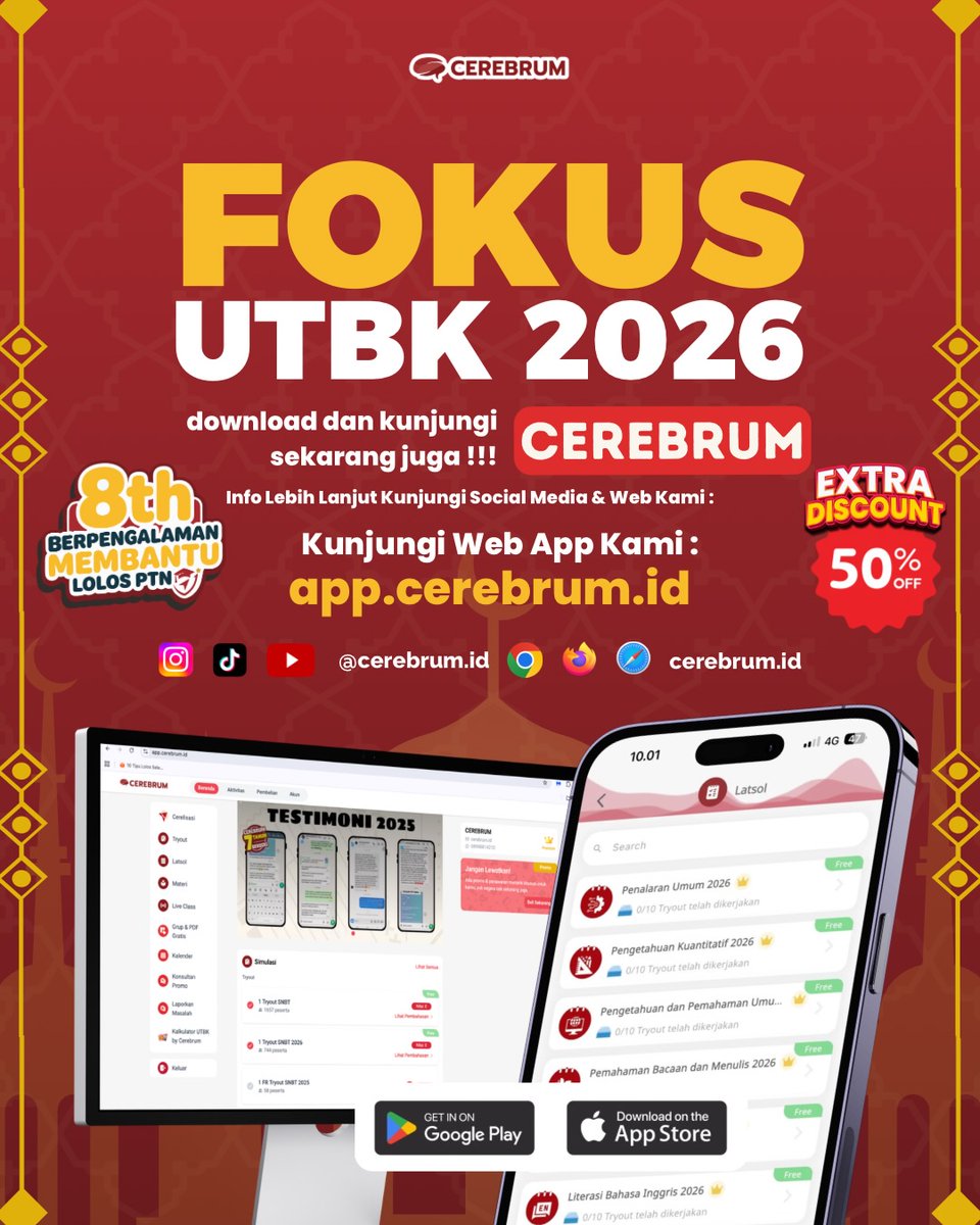 K4NGTH02's tweet photo. Dapatkan akses ke ribuan soal SNBT-UTBK dan Ujian Mandiri di Cerebrum!
Kode Diskon Tambahan Cerebrum :
— CEREBRUM
— ADMINCEREBRUM 
— LOLOSUTBK
— DISKONAPK
— BIMBELUTBK
Kode Diskon Affiliate Cerebrum :
— KEJARPELUANG

t. utbk ptn snbt snbp gapyear ugm ui ipb itb simak utul camaba https://t.co/yP7zttD1DN