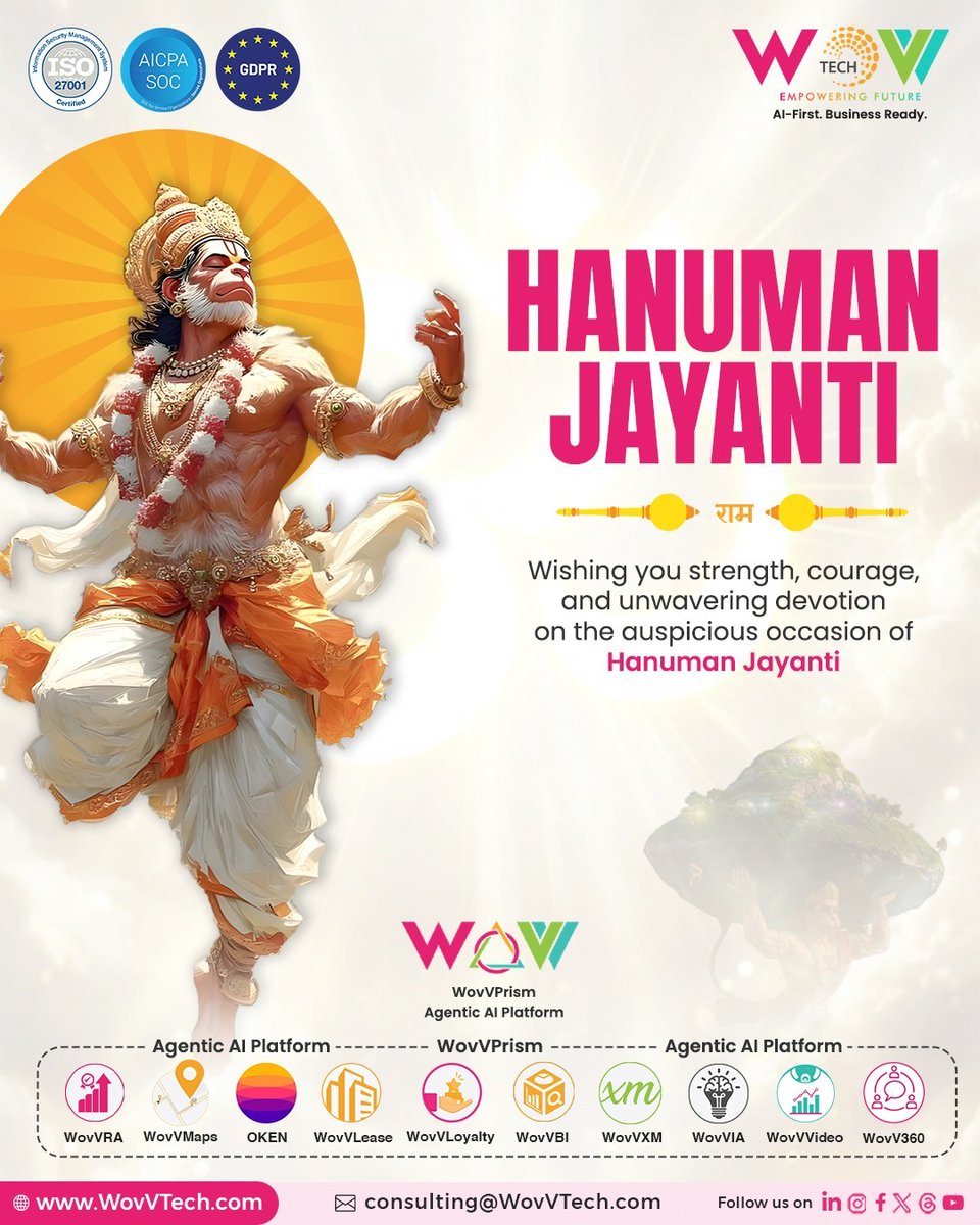 wovvtech's tweet photo. 🙏🟠 WovVTech wishes you a blessed and joyous Hanuman Jayanti 🟠🙏

🌼 Warm festive greetings to you, your family, and your teams 🌼

#HanumanJayanti #FestiveGreetings #WovVTech #WovVPrism #AgenticAI #AIFirst #Innovation #DigitalTransformation #FutureReady #AISolutions https://t.co/B9e6EhRdTm