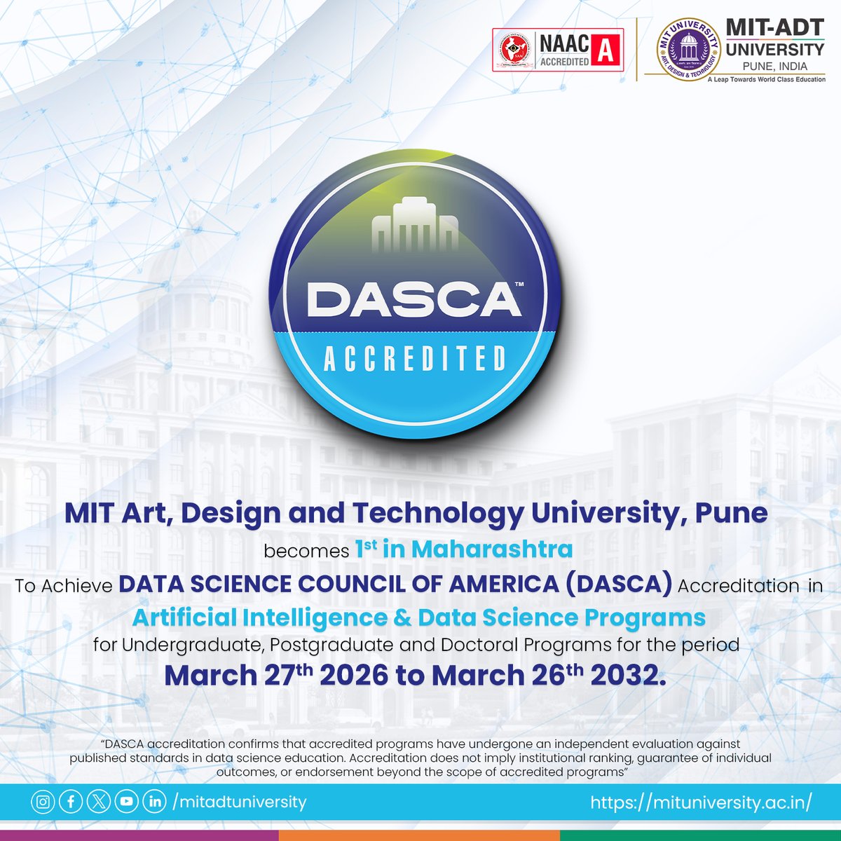 mitadtpune's tweet photo. 🌟 MIT ADT University achieves accreditation from the Data Science Council of America (DASCA)!
A milestone reflecting our commitment to excellence, innovation, and future-ready education. 🚀
#DASCA #Accreditation #DataScience #AcademicExcellence #mitadtu https://t.co/5D1zUSBMM3