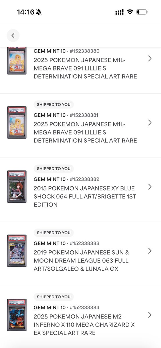 MEGA_PikachuEX's tweet photo. これが“今のポケカ相場”
結果出ました✌️

・メガカイリュー PSA10  ・メガゲンガー SAR PSA10 ・リーリエ SAR PSA10

しかも今回 サポート系もちゃんと選んで出して
しっかりPSA10取れてる
（ここ、地味に一番大事）

特にやばいのがメガゲンガー
・PSA10 約14万前後 ・1ヶ月で約9万 → 14万

psa様、ありがとうございます！