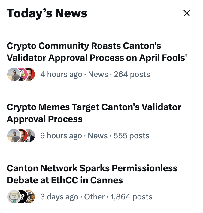 CantonArmy's tweet photo. Wake up to this… 🤣

Is it even worth engaging with these individuals?

When did these self-proclaimed “crypto elites” decide 
what crypto should or shouldn’t be?
Who made them the gatekeepers?

They’re still operating in a mindset where Web3 has to replace institutions entirely.

The reality is already moving in a different direction.

Most of these chains can’t even get in the same room as 
Visa, yet Canton is already there.

So what if Canton is different from regular chains?

It works.
It brings real validity to crypto and blockchain.

After 15 years of criticism, doubt, and constant attacks 
on this space… this is where progress has led.
And now that progress gets questioned, simply because 
it doesn’t fit a narrative.

That says more about the critics than it does about Canton.

At the end of the day, there’s a clear difference:

Some are still debating what crypto should be.
Others are building what it is becoming.

A lot of voices on X position themselves as experts, but very few are actually building anything.

This isn’t really about principles anymore, it’s about perspective.
Instead of recognising progress, it gets dismissed.

Other chains criticising Canton isn’t surprising.

When something achieves what others haven’t, it naturally draws attention.

But whatever they’ve built or aligned with isn’t operating at the same level.

Who really cares what Canton is labelled as?

The reality is simple:

Canton works.

Major institutions have chosen it.

The direction is already set.

You can keep debating it.
It’s already happening.

$CC